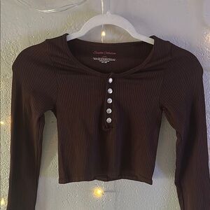 Brown Ribbed Long Sleeve Top